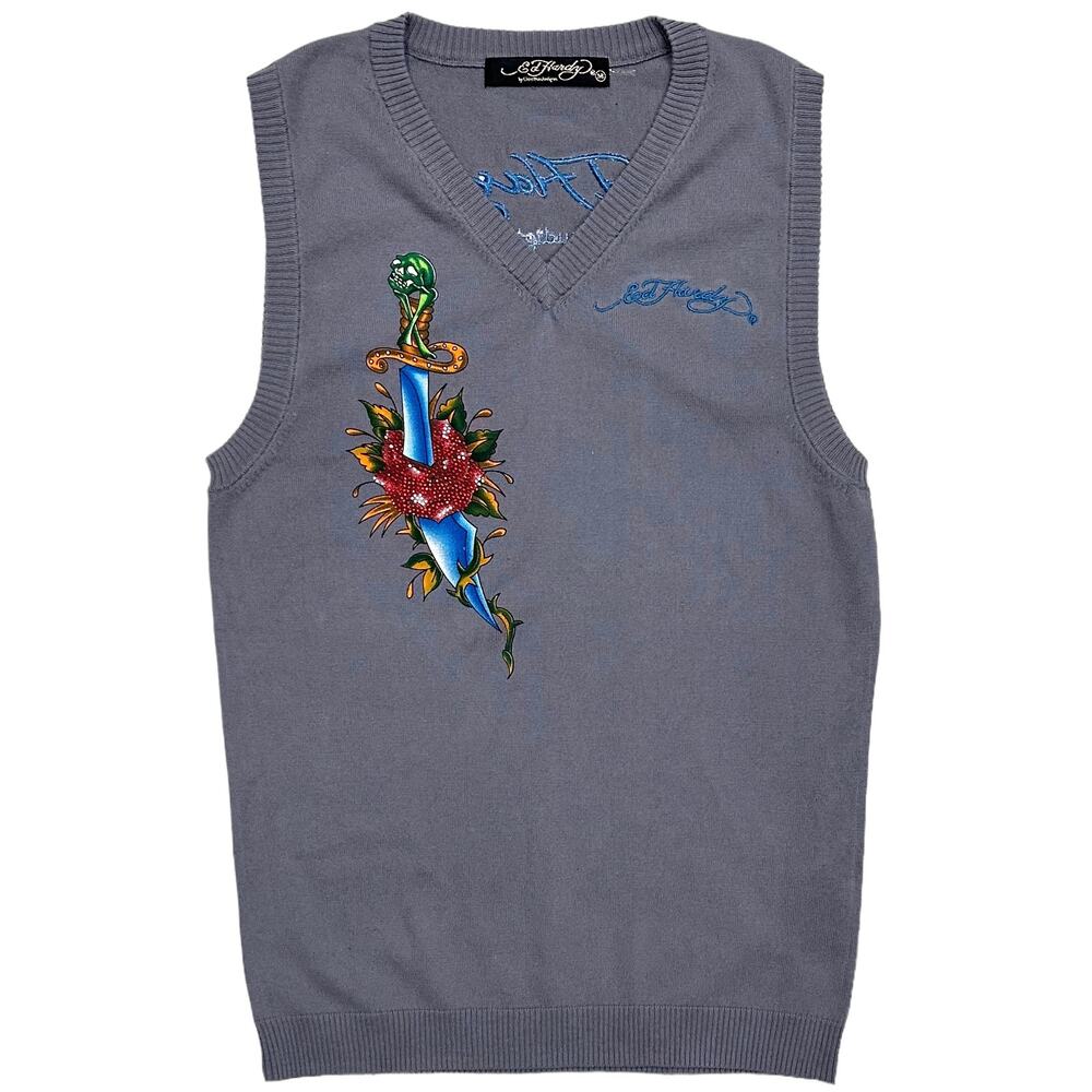Ed Hardy by Christian Audigier Embroidered Eagle Snake Skull V-Neck Sweater Vest